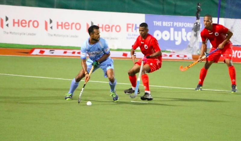 Lalit Upadhyay in action against Oman in India&#039;s opening match