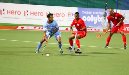 Lalit Upadhyay in action against Oman in India's opening match