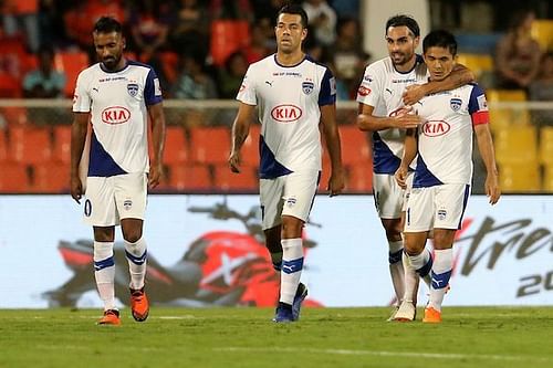 Bengaluru FC players celebrate Sunil Chhetri's first goal of the game [Image: ISL]