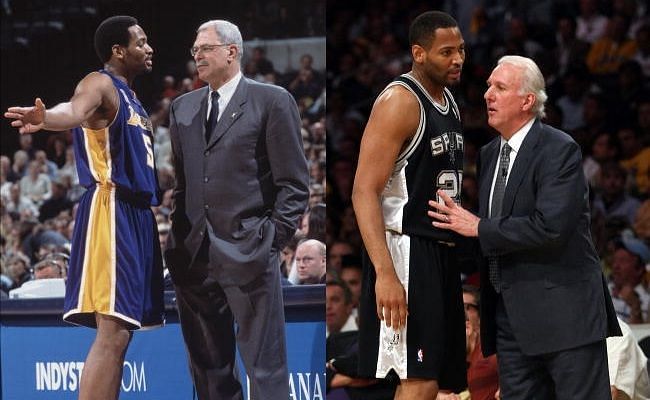 Coached by the best: Horry with Phil Jackson (L) and Gregg Popovich