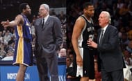 Coached by the best: Horry with Phil Jackson (L) and Gregg Popovich