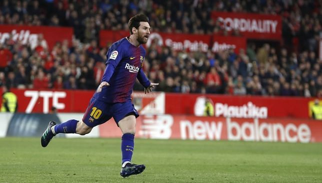 Messi celebrates his goal against Sevilla