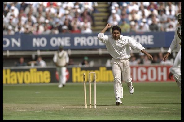 Mushtaq Ahmed of Pakistan celebrates a wicket