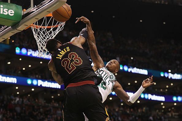 LeBron with one of his trademark blocks to deny Terry Rozier in Game Seven last season