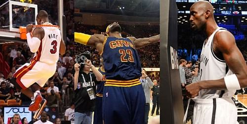 Dwyane Wade, LeBron James & Kevin Garnette during their pre-game routines.