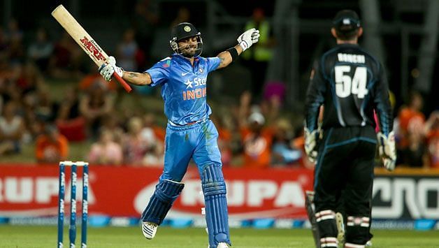 Kohli celebrating his first ODI century in New Zealand