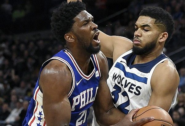 Sixers&#039; Center Joel Embiid against Timberwolves&#039; Karl-Anthony Towns