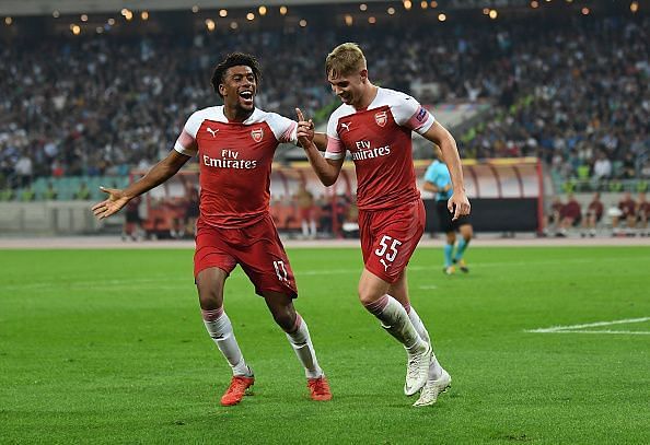 18-year-old Emile Smith Rowe (R) scored his first goal for Arsenal in the Europa League