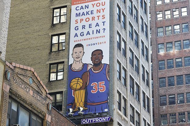 Kevin Durant with Kristaps Porzingis on a billboard near Madison Square Garden.