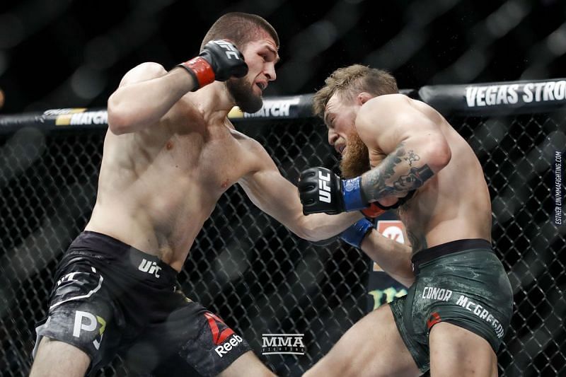 Khabib Nurmagomedov (left) vs Conor McGregor (right) during their bout for the main event at UFC 229!