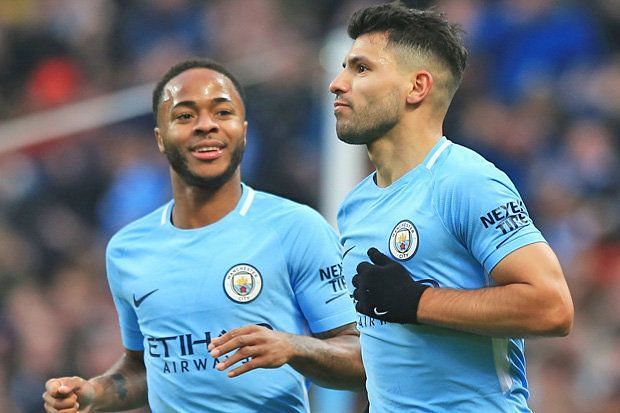 Aguero and Sterling celebrate a Manchester City goal
