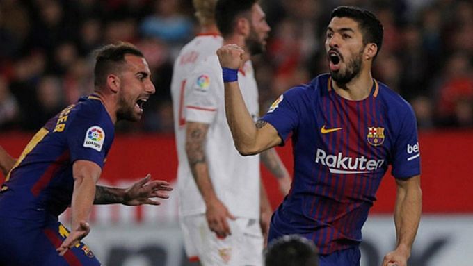 Suarez scored in the 88th minute at Ramon Sanchez Pizjuan: 2017-18