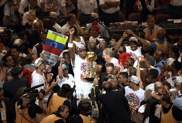 Horry celebrates his second title with the Houston Rockets after sweeping the Orlando Magic