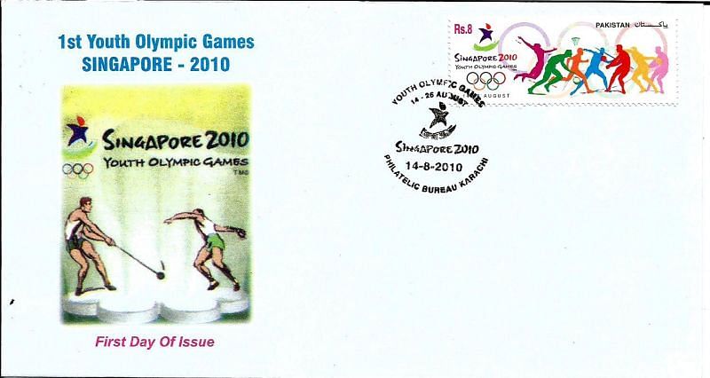 Stamps and First Day issued by Pakistan to commemorate 2010 Youth Olympic Games.