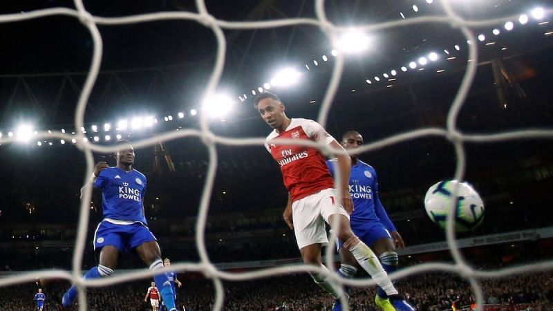 Arsenal&#039;s Pierre-Emerick Aubameyang scores their third goal against Leicester
