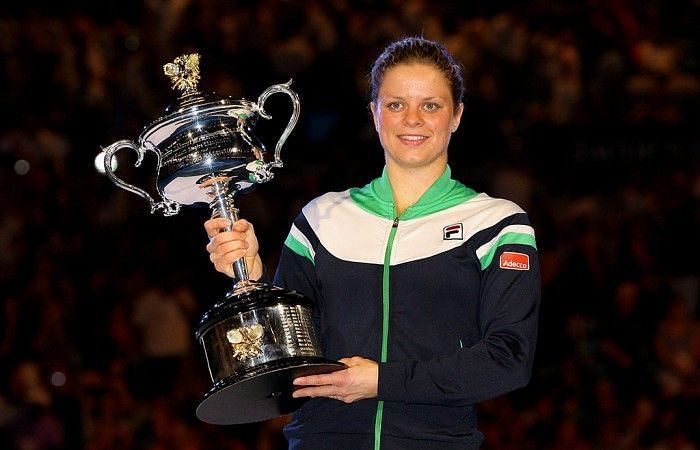 Kim Clijsters with her solitary Australian Open trophy