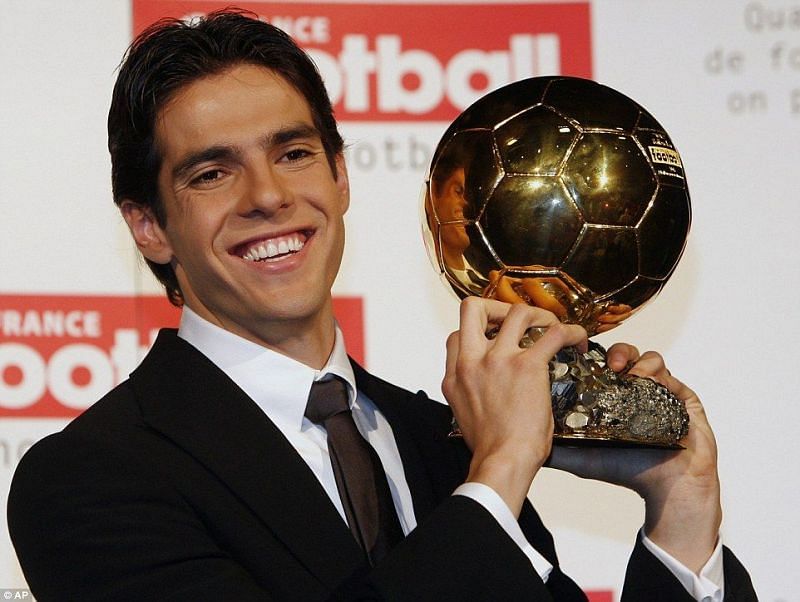 Kaka gives a smile after winning the Ballon d&#039;Or trophy in 2007. (Image: AP)