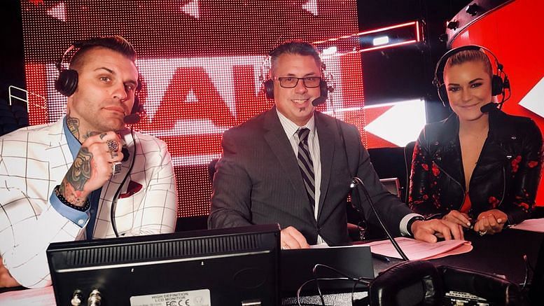 Renee Young with Corey Graves and Michael Cole