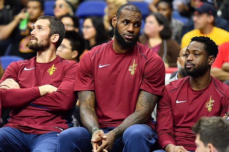 Kevin Love, LeBron James &amp; Dwyane Wade of the Cleveland Cavaliers.