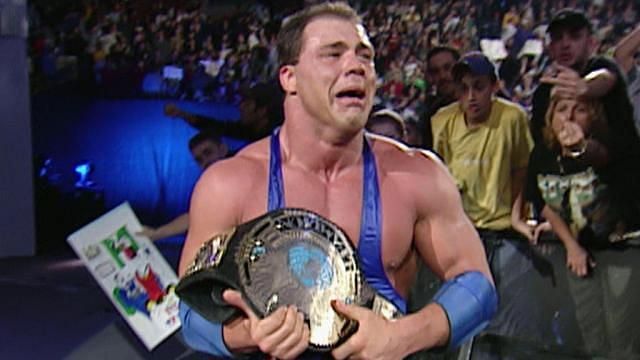 Angle cried after winning the WWF Championship at No Mercy 2000.