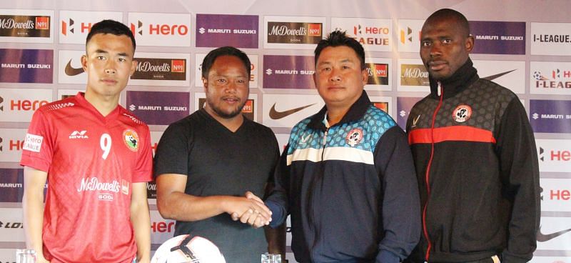 Shillong Lajong coach Alison Kharsyntiew (second from left) with Aizawl FC coach Gift Raikhan (Image: Shillong Lajong)