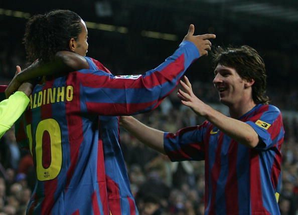 A young Lionel Messi with Ronaldinho