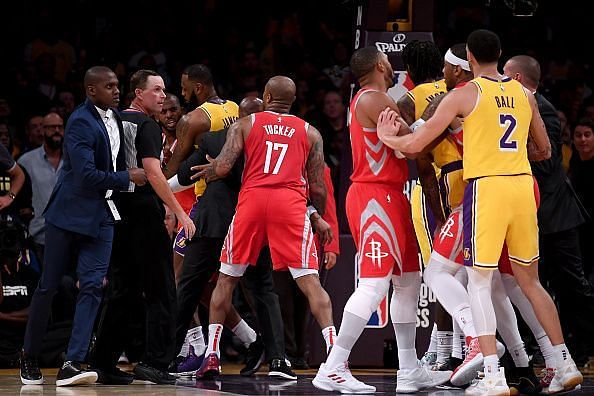 The Lakers and Rockets separating each other from the brawl