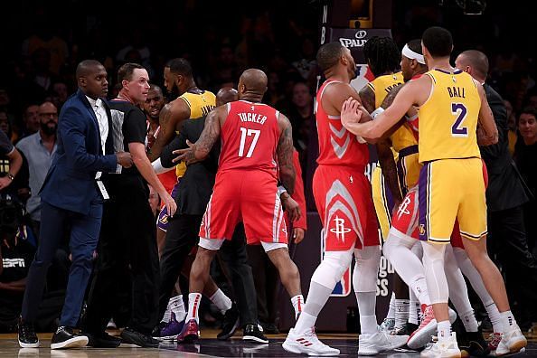 What happened to start the Lakers-Rockets brawl?