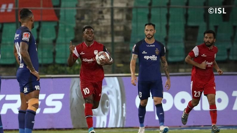 The Nigerian striker has already scored four goals from the three matches including the hat-trick (Image Courtesy: ISL)
