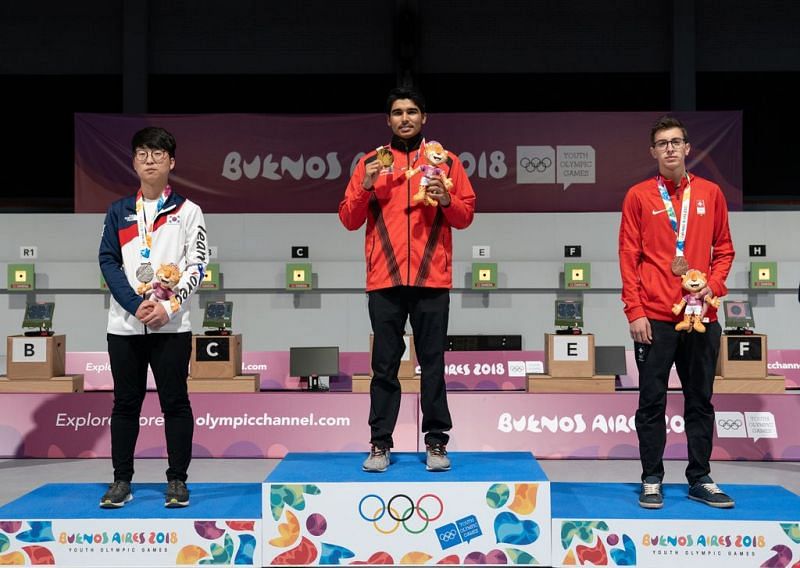 From left to right: Silver medalist - Yunho Sung of Korea, Gold medalist - Saurabh Chaudhary of India, Bronze medalist - Jason Solari of Switzerland (Image Courtesy: IOC)