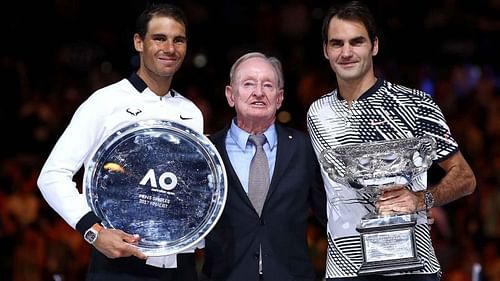 Nadal and Federer receiving honours after 2017 Australian Open Final