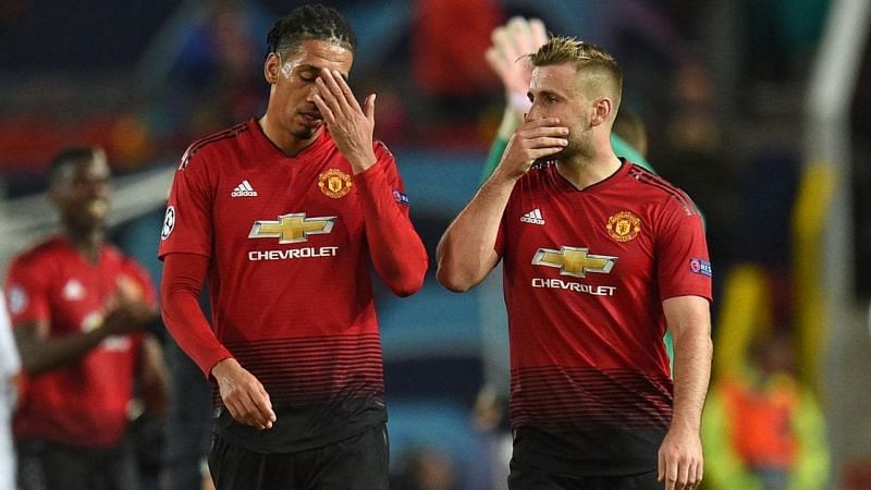 Chris Smalling and Luke Shaw looking dejected after the match