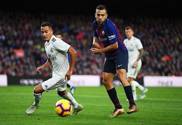 Alba battling for possession with Real&#039;s Lucas Vazquez during a memorable display