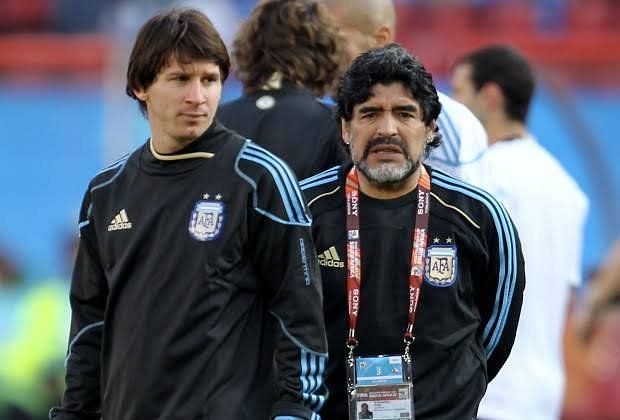 Messi and Maradona during the 2010 World Cup