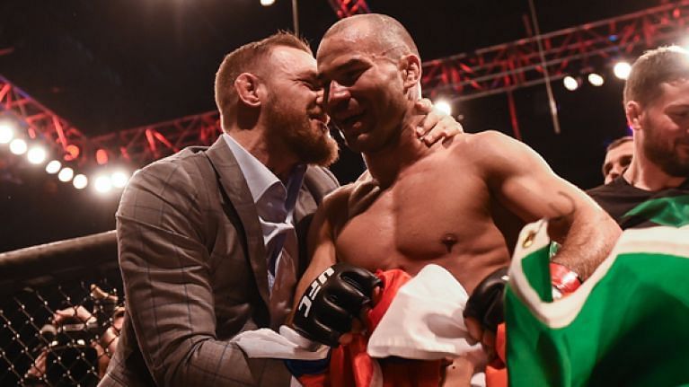 Conor McGregor (left) embracing Artem Lobov (right)