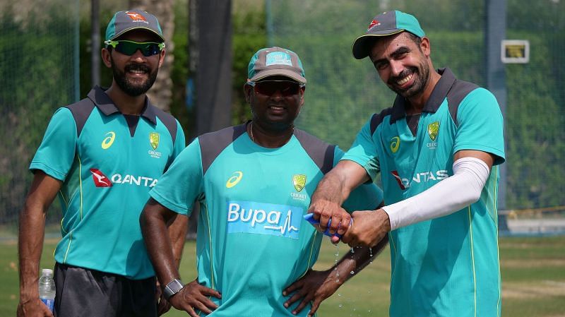 Sriram (c) with Sahu (r) and Jiyas (l) in UAE - Photo credit: Cricket Australia