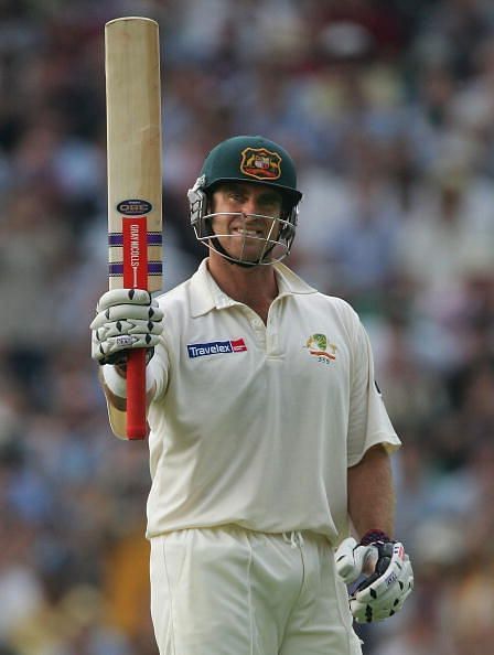 Matthew Hayden celebrates his first hundred in England, at the Oval in 2005.