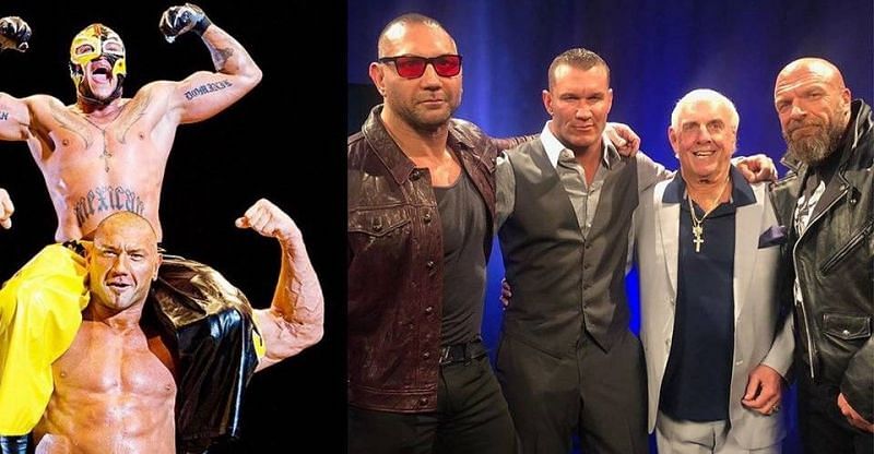 The WWE could give us a Triple Threat Match between Rey Mysterio (top left), Batista (second from left), and Randy Orton (third from left), at WrestleMania 35