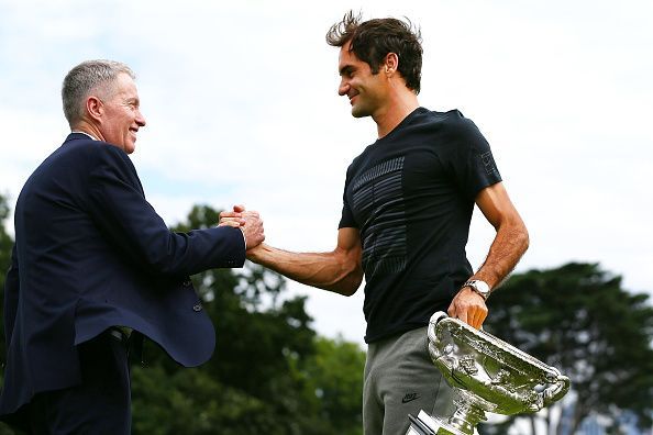 2018 Australian Open Champion Roger Federer with the Norman Brookes Challenge Cup in his hand