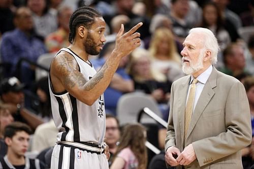 Kawhi Leonard and Gregg Popovich