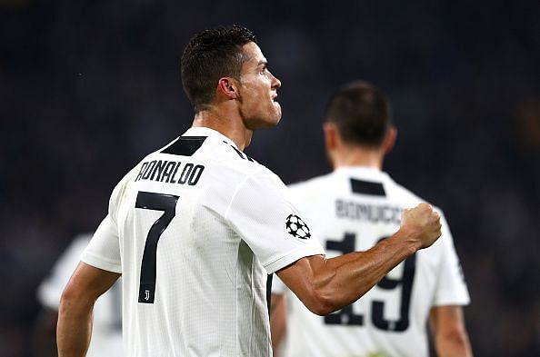 Juventus forward Cristiano Ronaldo celebrating against his former club Manchester United.