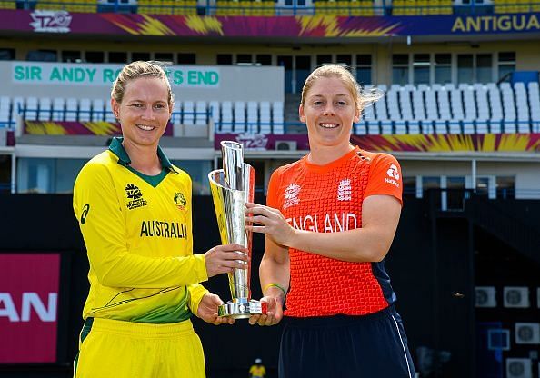 Meg Lanning and Heather Knight pose with the Women&#039;s World T20 trophy