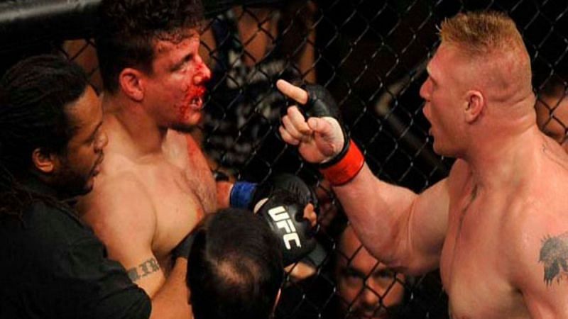 Brock Lesnar berates Frank Mir following the conclusion of their main event clash
