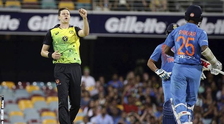 Jason Behrendorff in action during the 1st T20I between Australia and India