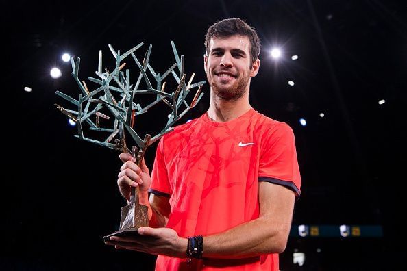 Karen Khachanov with the 2018 Rolex Paris Masters trophy