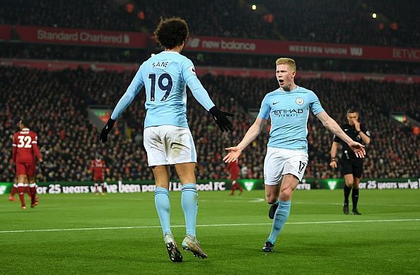 Leroy Sane and de Bruyne celebrate during Manchester City&#039;s Premier League winning season last term