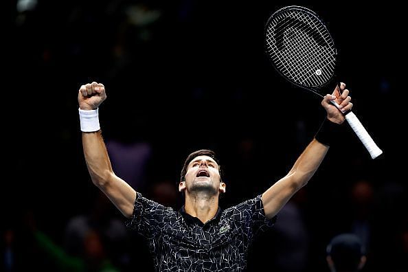 Novak celebrates during an excellent display against Isner on day two of the ATP World Tour Finals