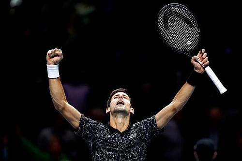 Novak celebrates during an excellent display against Isner on day two of the ATP World Tour Finals