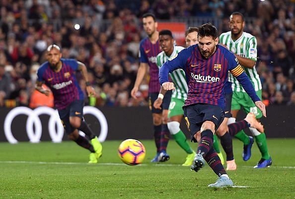 Barcelona&#039;s Lionel Messi scores a goal from the penalty spot Sunday vs. Real Betis