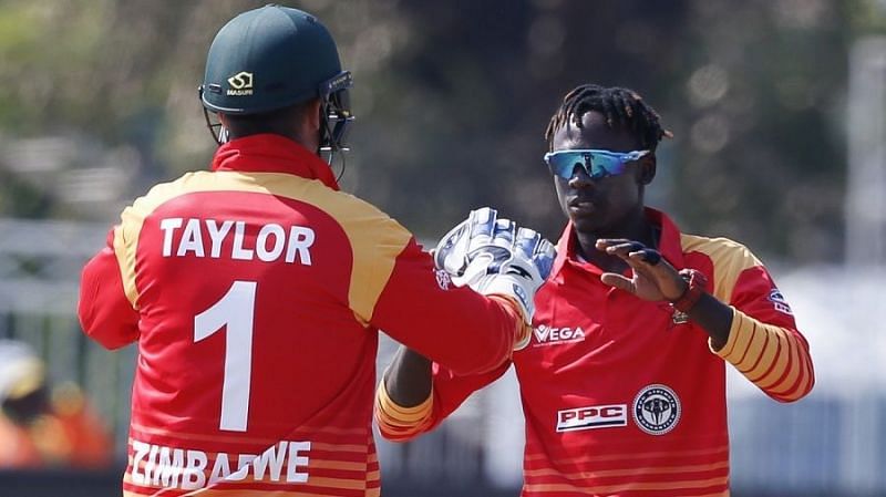 Brandon Mavuta celebrates his first ODI wicket for Zimbabwe
